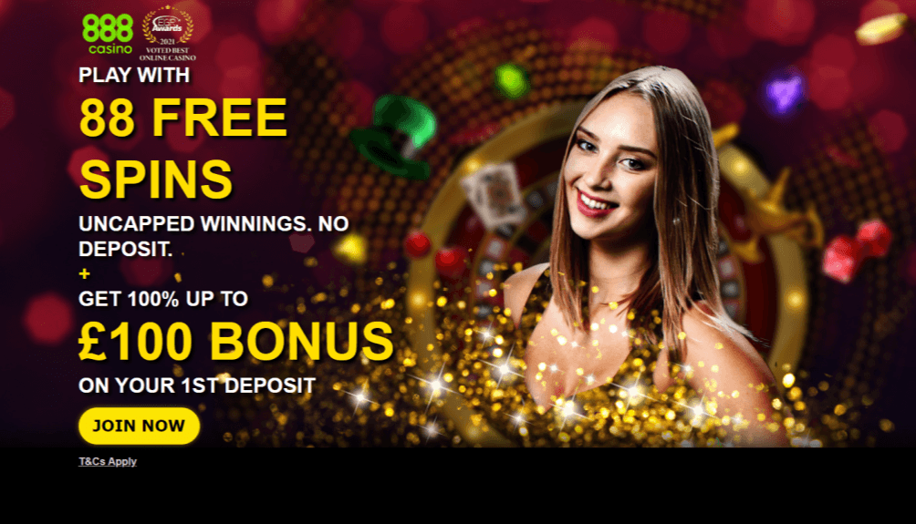 The landing page of 888casino - welcome offer and a woman