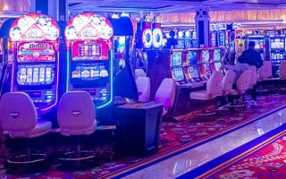 A neon-lit casino lounge
