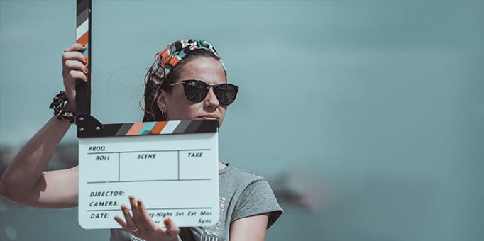 Clap board for movies overlooking the desert