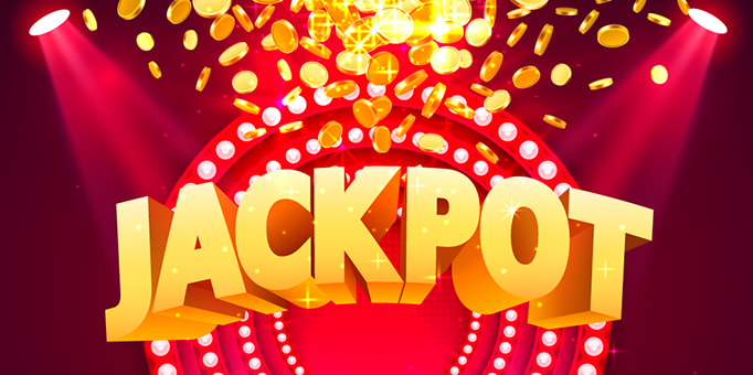 The word 'jackpot' on a screen with cascading coins 