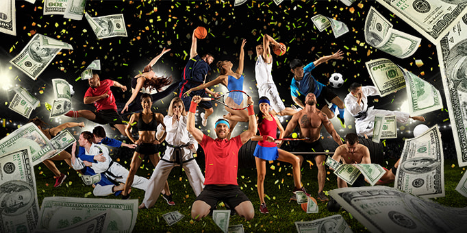 A picture of anonymous sports stars with images of cash