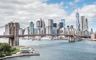 Panoramic view of the New York City skyline.