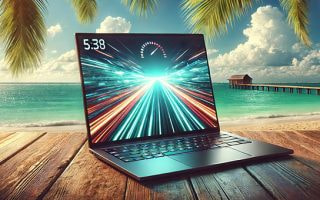 A laptop screen sat against a beach backdrop with palm trees