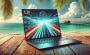 A laptop screen sat against a beach backdrop with palm trees