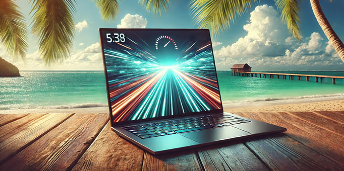 A laptop screen sat against a beach backdrop with palm trees