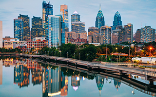 A panoramic view of the Philadelphia skyline and the Schuylkill River