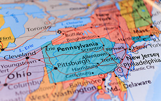 A close-up of Pennsylvania on the US map