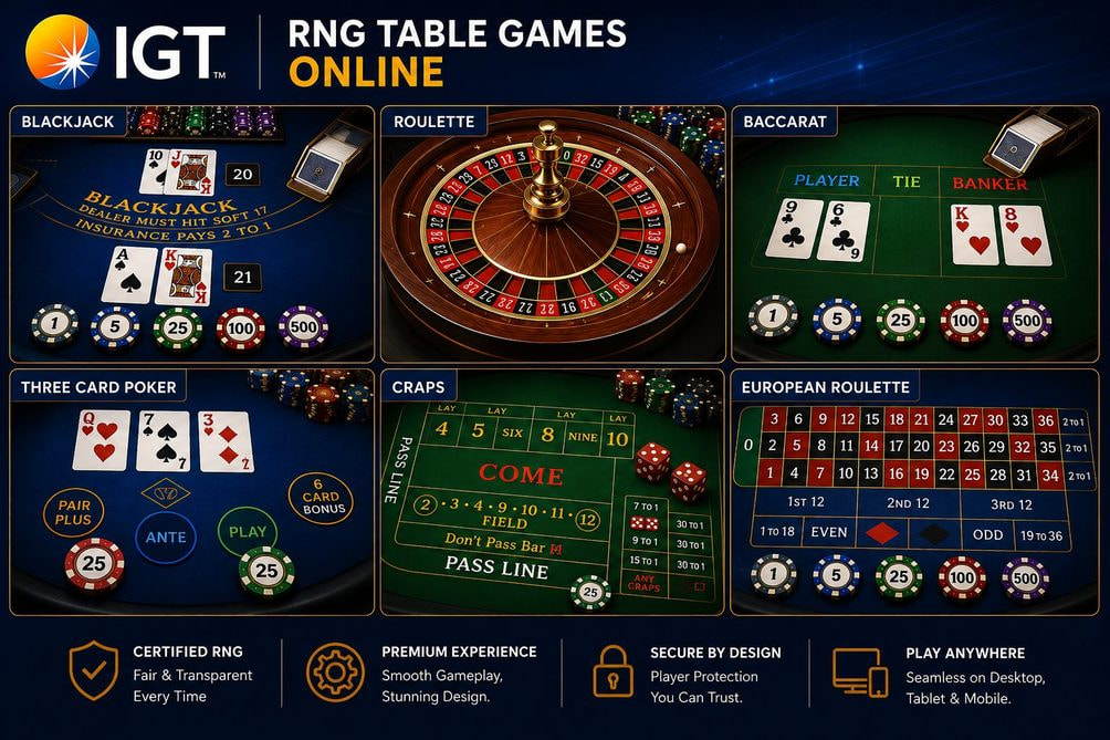 IGT RNG table games online – blackjack, roulette, baccarat, three card poker, craps and European roulette