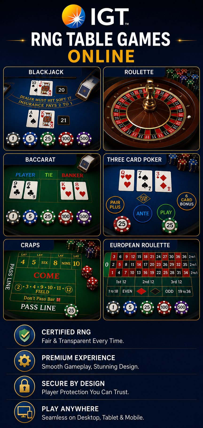 IGT RNG table games online – blackjack, roulette, baccarat, three card poker, craps and European roulette