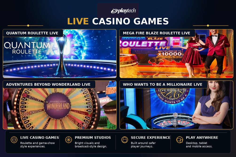 Live Casino Games by Playtech - Quantum Roulette Live, Mega Fire Blaze Roulette Live, Adventures Beyond Wonderland Live, and Who Wants to Be a Millionaire Live