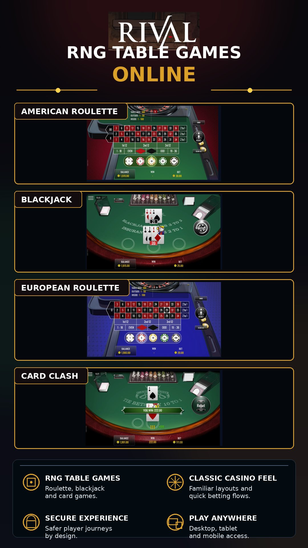 Rival Powered RNG table games: American Roulette, European Roulette, Blackjack, and Card Clash