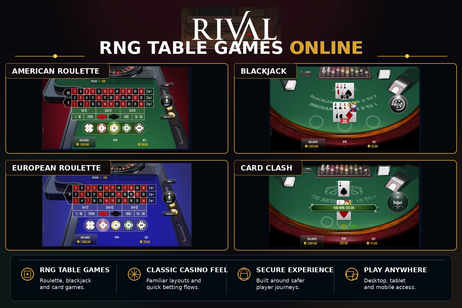 Rival Powered RNG table games: American Roulette, European Roulette, Blackjack, and Card Clash