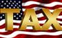 Gold TAX text on a US flag background