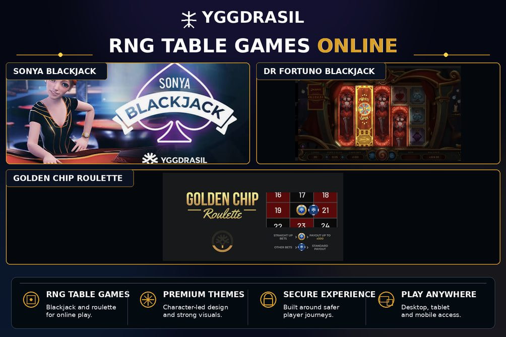 RNG Table Games by Yggdrasil - Sonya Blackjack, Dr Fortuno Blackjack, and Golden Chip Roulette