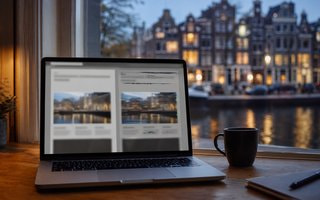 Laptop showing a cloned Dutch casino website, with Amsterdam canal houses behind