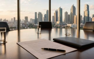 Boardroom table with an agreement and pen overlooking the Manila skyline