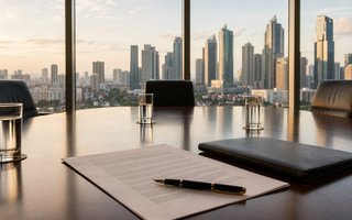 Boardroom table with an agreement and pen overlooking the Manila skyline
